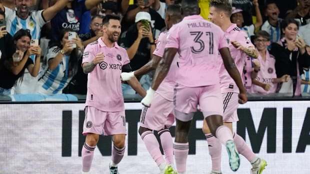 Inter Miami forward Lionel Messi, left, celebrates his goal against Nashville SC with teammates during the first half of the Leagues Cup championship soccer match Saturday, Aug. 19, 2023, in Nashville, Tenn. (AP Photo/George Walker IV)  